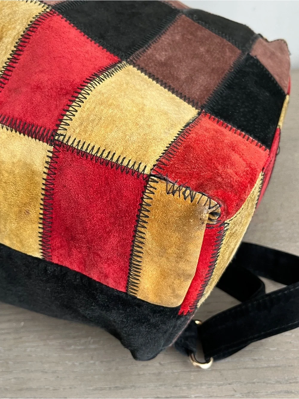 Vintage Barneys New York Made in Italy Suede Patchwork Drawstring Backpack Bag
